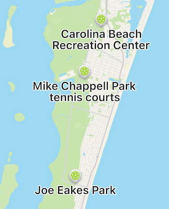 Map of Carolina Beach Recreation Center, Mike Chappell Park tennis courts, and Joe Eakes Park 