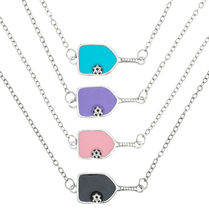 Pickleball paddle with pickleball sterling silver chain necklace in teal, purple, pink and black