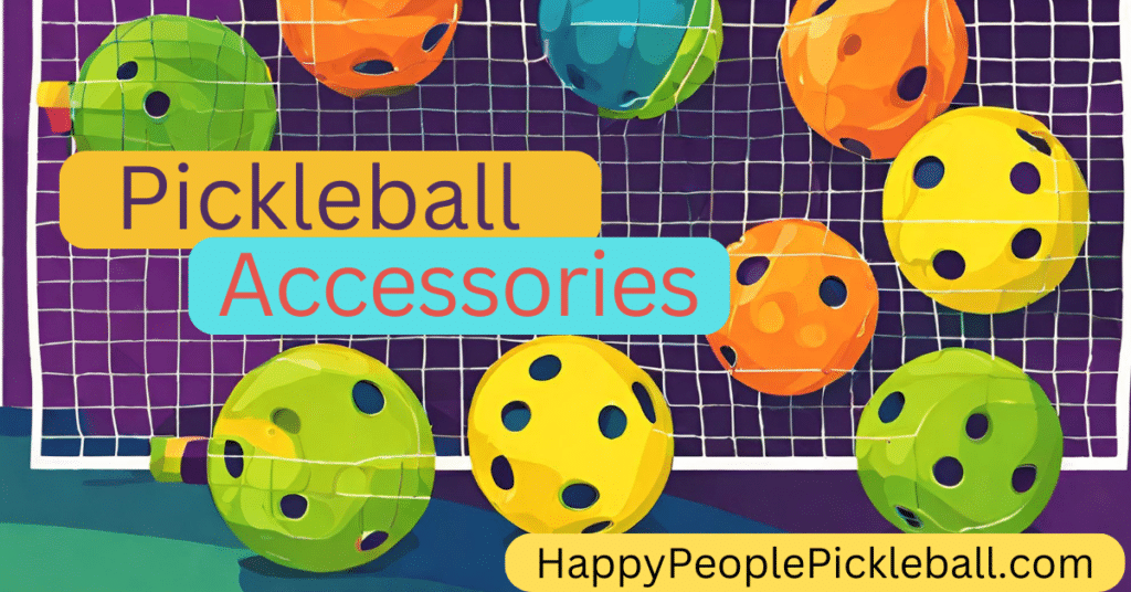 Pickleball Accessories with pickleballs in yellow, orange, and green and a pickleball net