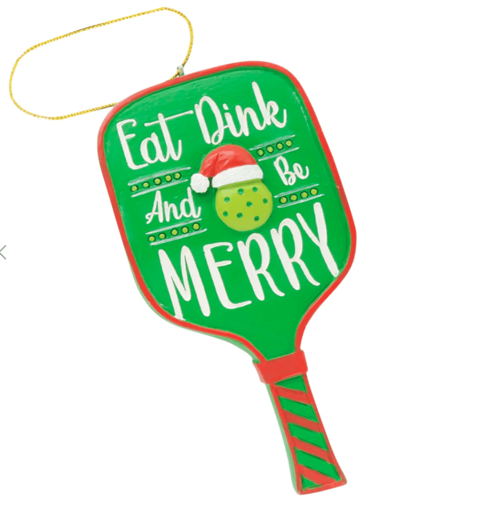 Eat, Dink and Be Merry Red and Green Pickleball Christmas Ornament