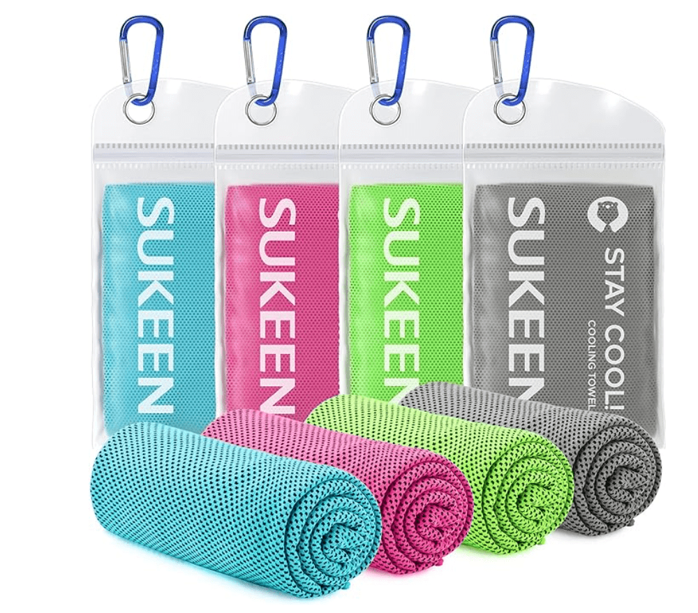 Instant evaporating cooling towels in teal, pink, lime green and gray