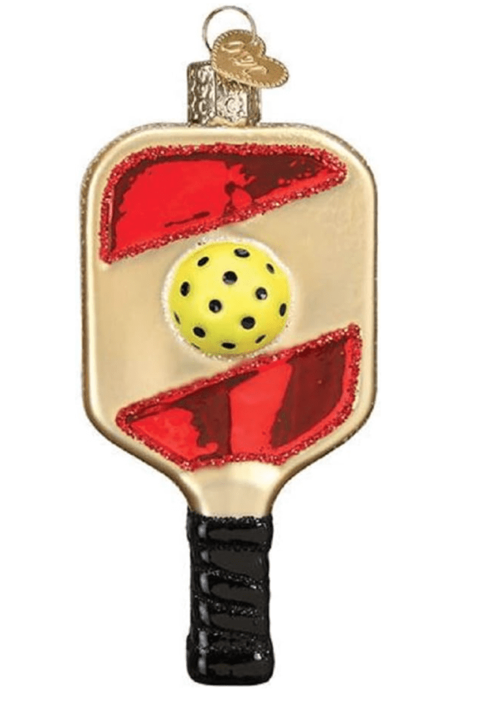 Old World Pickleball Paddle Blown Glass in Red stripe with yellow pickleball