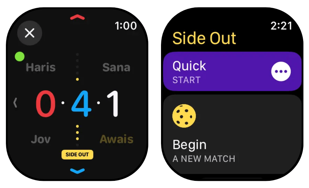 Apple Watch User Interface for Side Out Pickleball Match Score Keeper