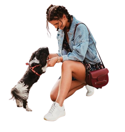 Women with hair in braids petting her dog wearing high heeled sneakers and a maroon cross-body bag, jean jacket