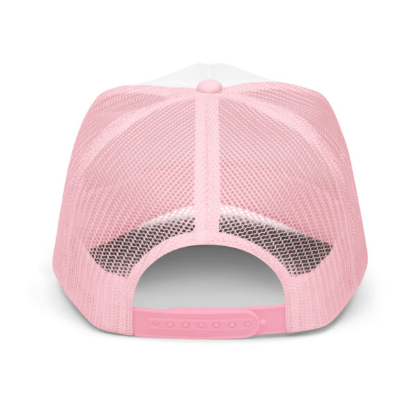Pickleball Trucker Hat in light pink and white with Pickleball Mom embroidered in Hot Pink back view