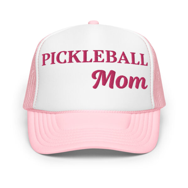 Women's Pickleball Trucker Hat in light pink and white with words Pickleball Mom embroidered in hot pink