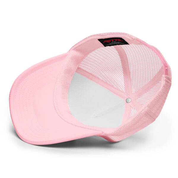 Pickleball Trucker Hat in light pink and white with Pickleball Mom embroidered in Hot Pink upside down view
