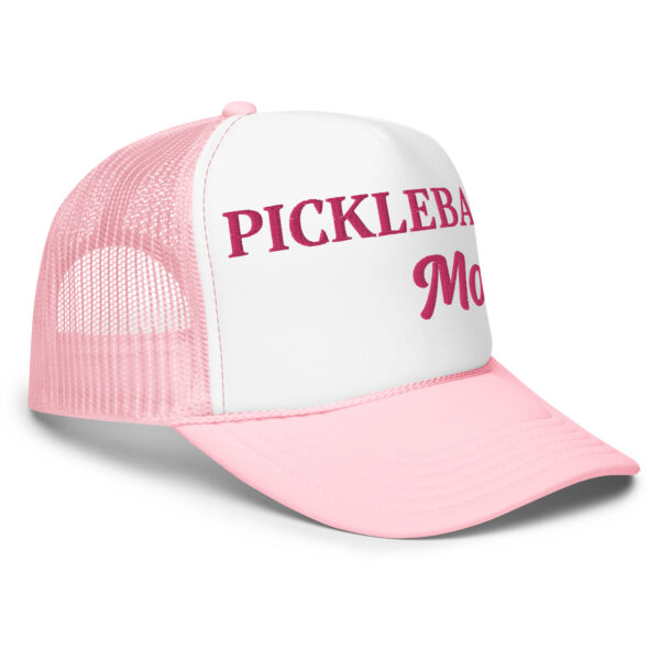 Pickleball Trucker Hat in light pink and white with Pickleball Mom embroidered in Hot Pink side view