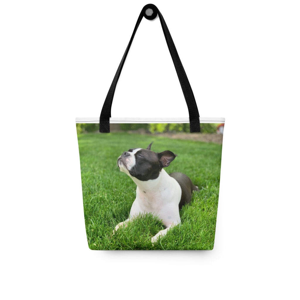 Dog Tote Bag Boston Terrier on Grass with black handle