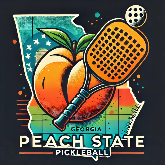 DALL·E 2025-01-11 18.38.57 - A creative illustration of the state of Georgia, known as the Peach State, with a large peach in the background and pickleball elements integrated. Th