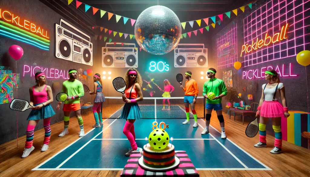 80s-themed pickleball birthday party! It combines retro neon vibes, disco elements, and vibrant pickleball fun.