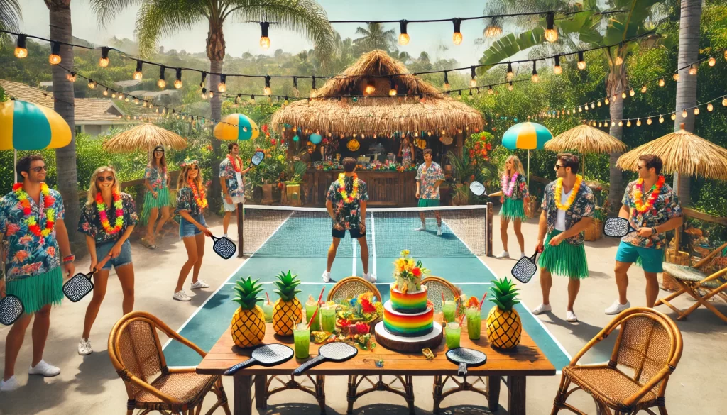 A tropical tiki-themed pickleball birthday party featuring lush palm trees, vibrant tiki decor, and a lively atmosphere perfect for celebrating.